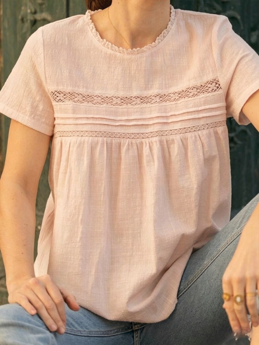 New Arrivals🔥Women's Solid-color Round-neck Short-sleeve Loose-fit Cotton-linen Top