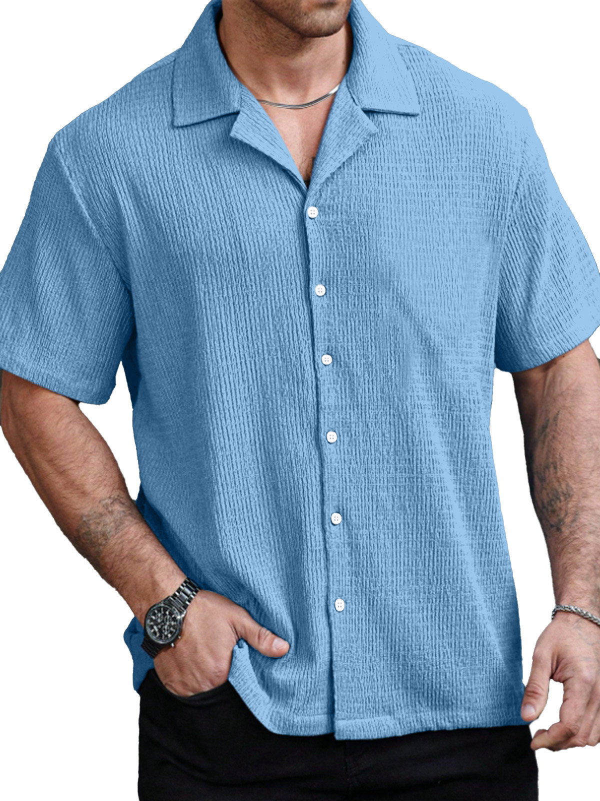 Men's Casual Solid Color Texture Cuban Collar Short Sleeve Shirt