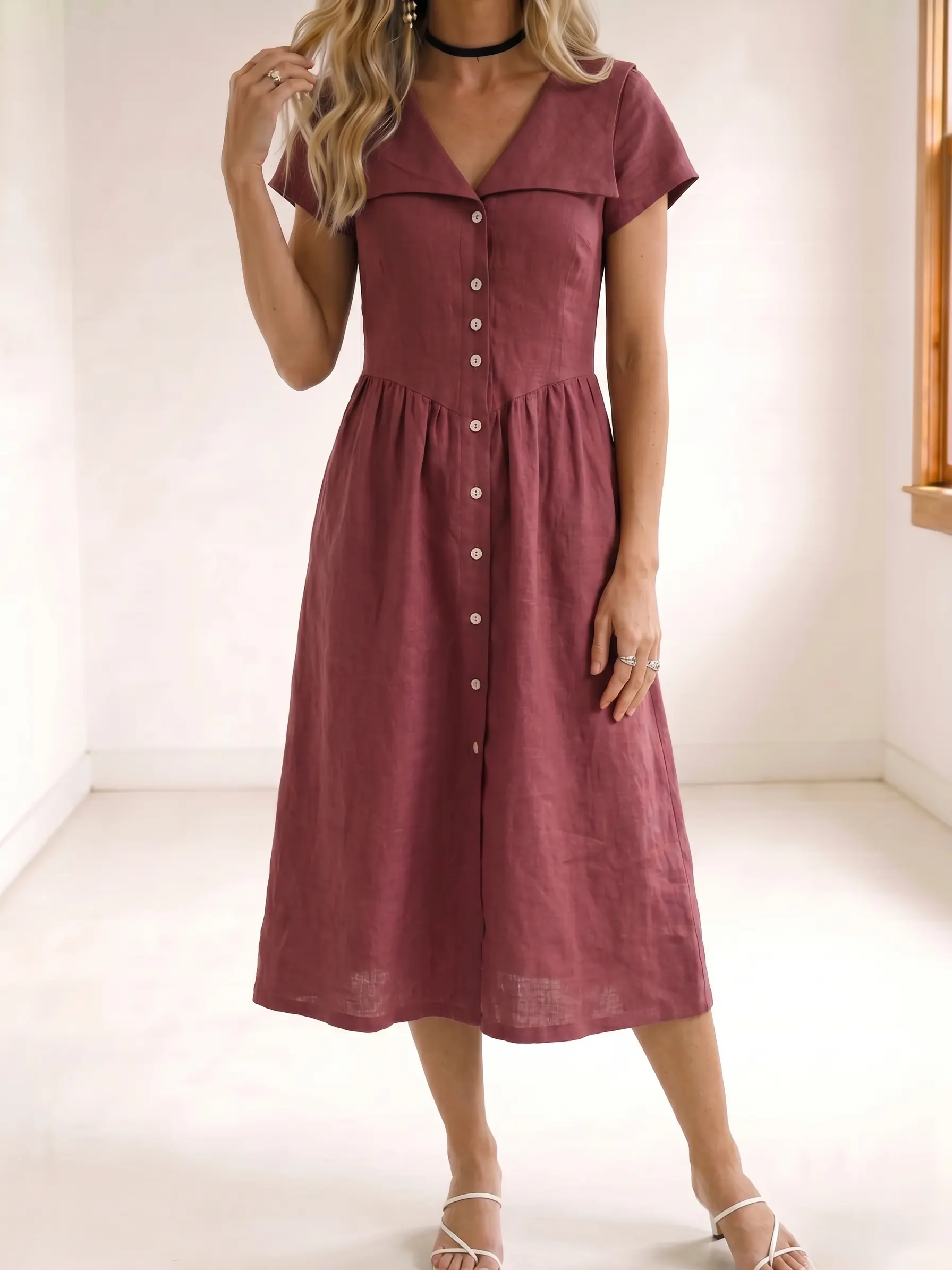 Women's Fashion Casual Retro V-neck Button-down Short-sleeve Shirt Dress
