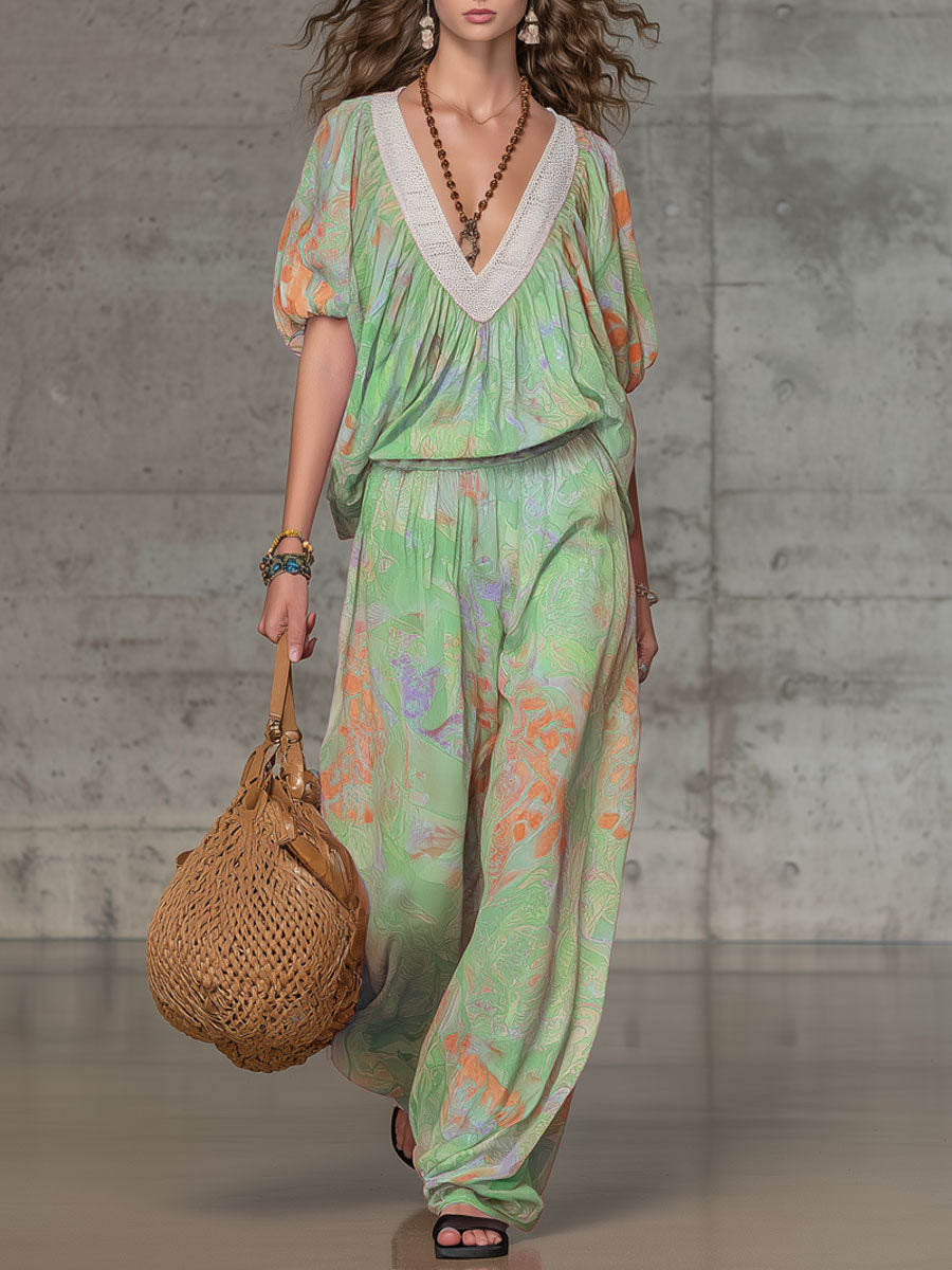 Women's Abstract Print V-neck Short-sleeve Loose-fit Top & Elastic-waist Wide-leg Pants Set