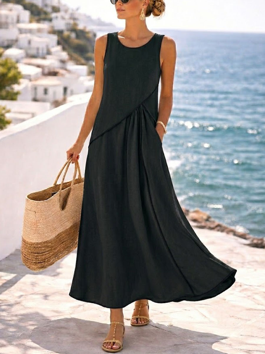 Women's Round-neck Sleeveless Loose-fit Casual Cotton-linen Dress