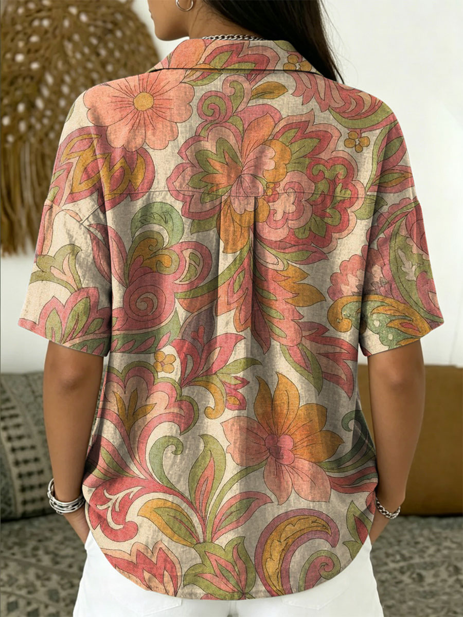 Women's Vintage Botanical Floral Casual Polo Collar Short-sleeved Linen And Cotton Shirt