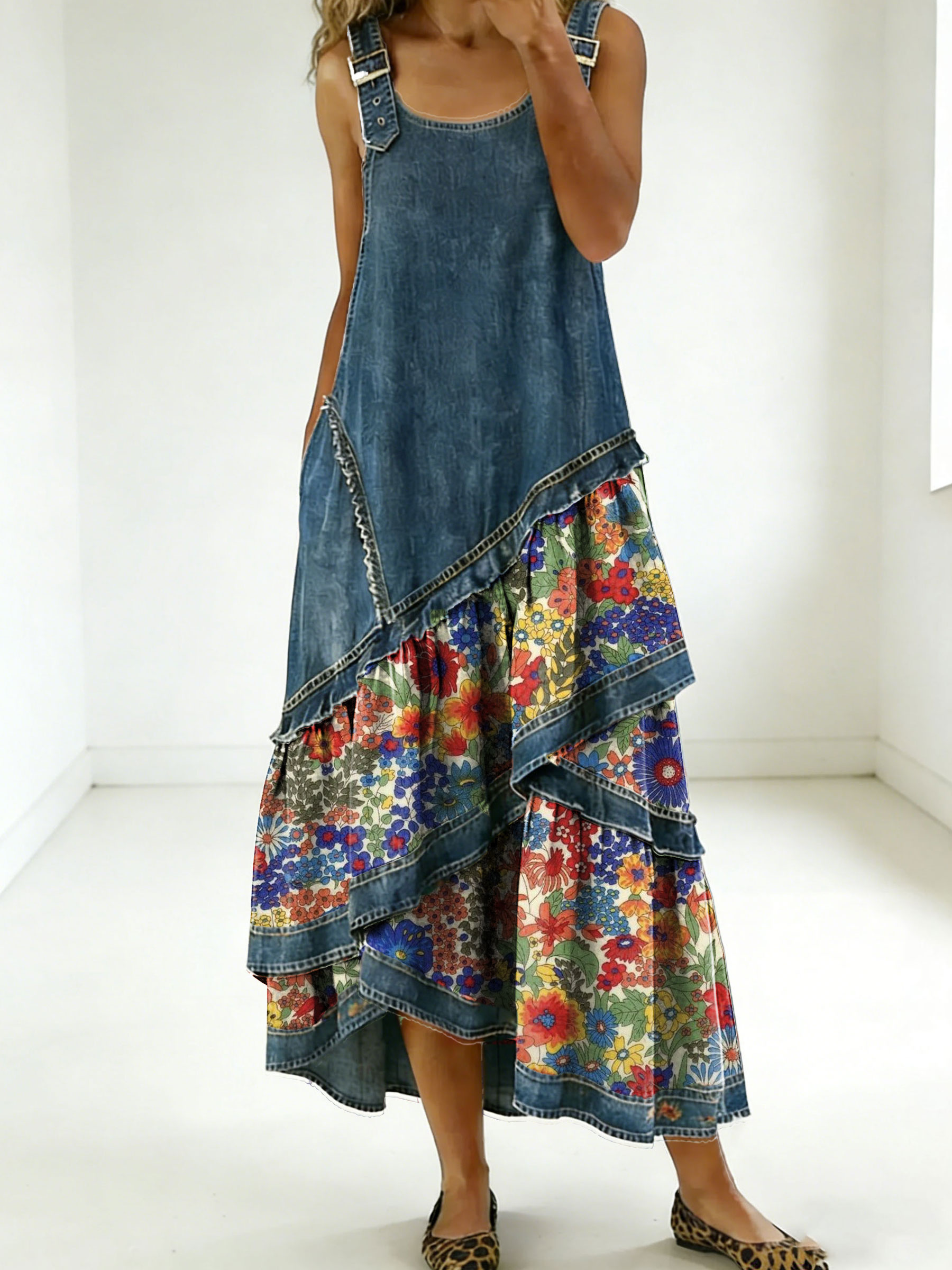 Women's Fashion Floral Denim Design Sleeveless Multi-layered Ruffled Strap Dress