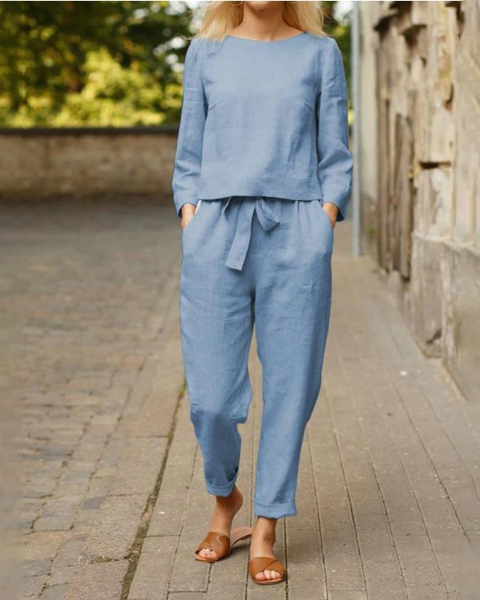 Round Neck Top and Drawstring Pants Two-piece Set-Comfort & Reliable