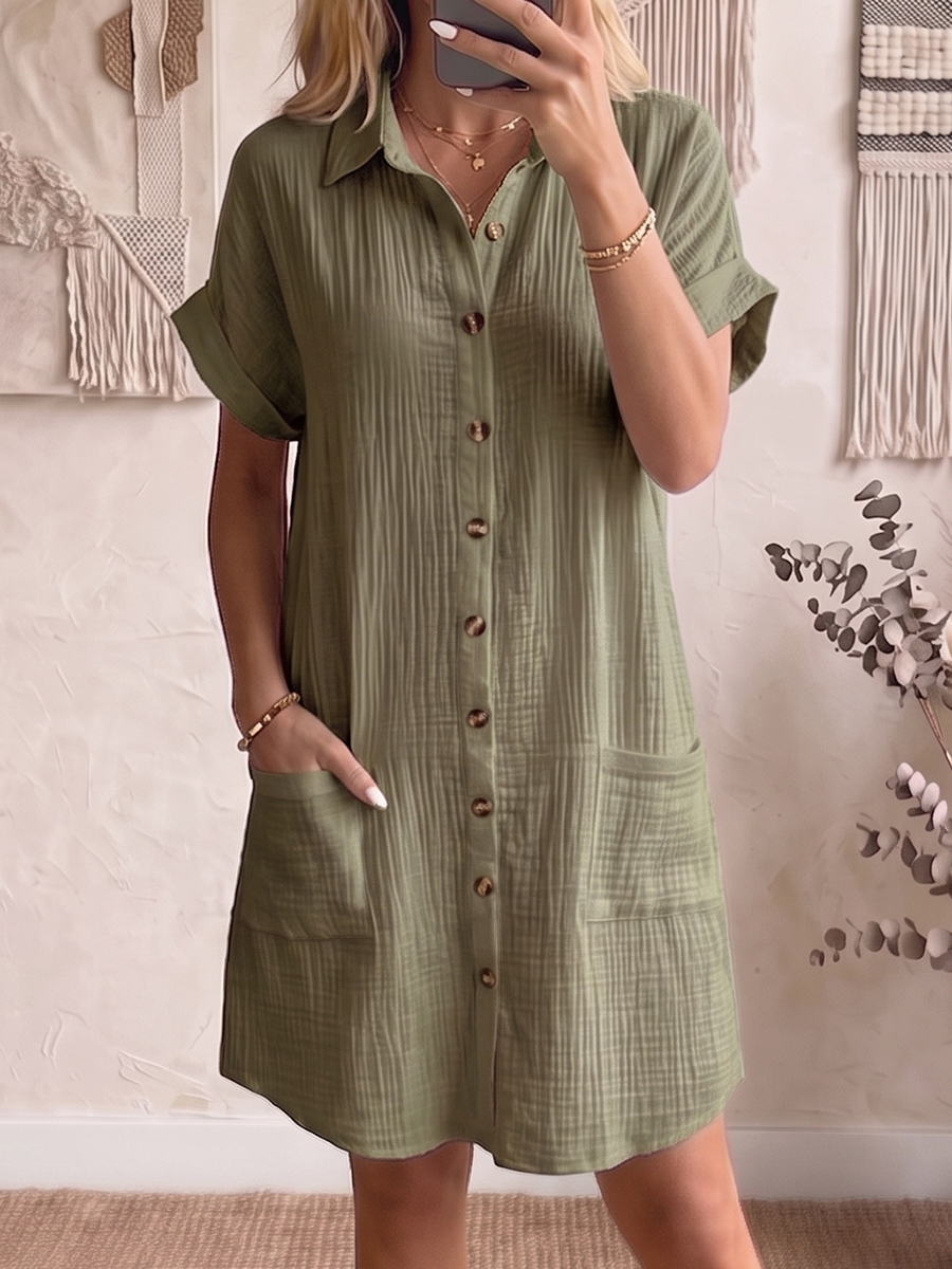 Cozy Lapel Button-front Cotton-linen Dress