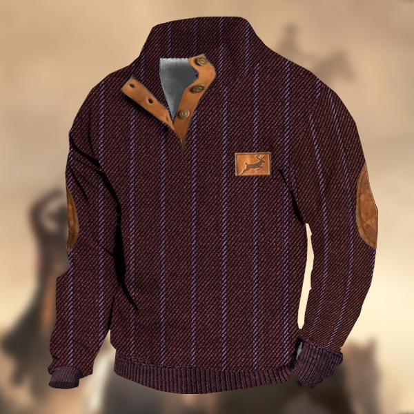Men's Retro Country Casual Twill Wool Elk Logo Stand Collar Button Sweatshirt-Comfort & Reliable