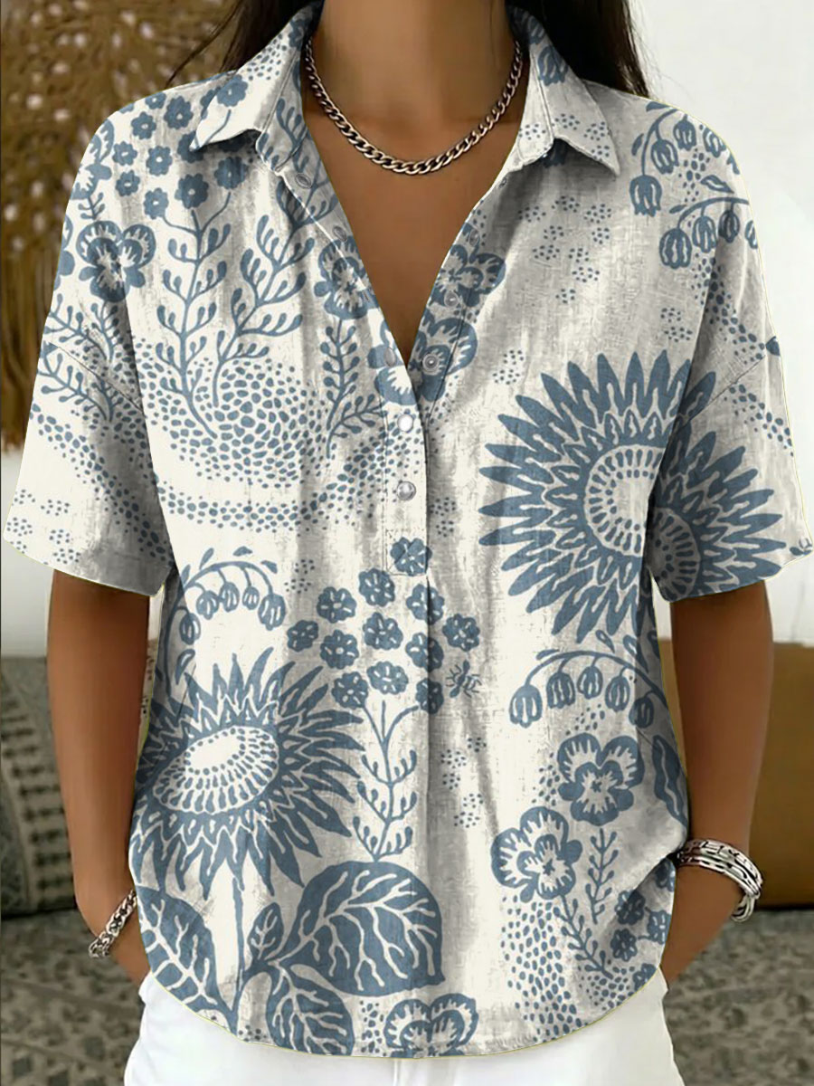 Women's Vintage Botanical Floral Casual Polo Collar Short-sleeved Linen And Cotton Shirt