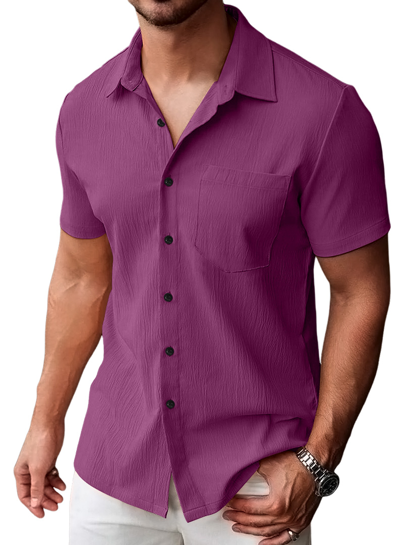 Men's Casual Pleated Solid Pocket Short Sleeve Shirt