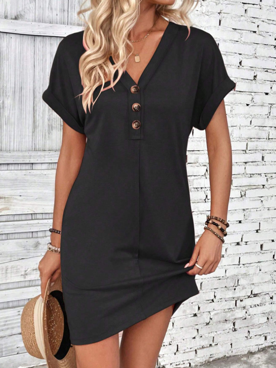 Women's V-neck Short-sleeve Casual Loose Cotton Dress