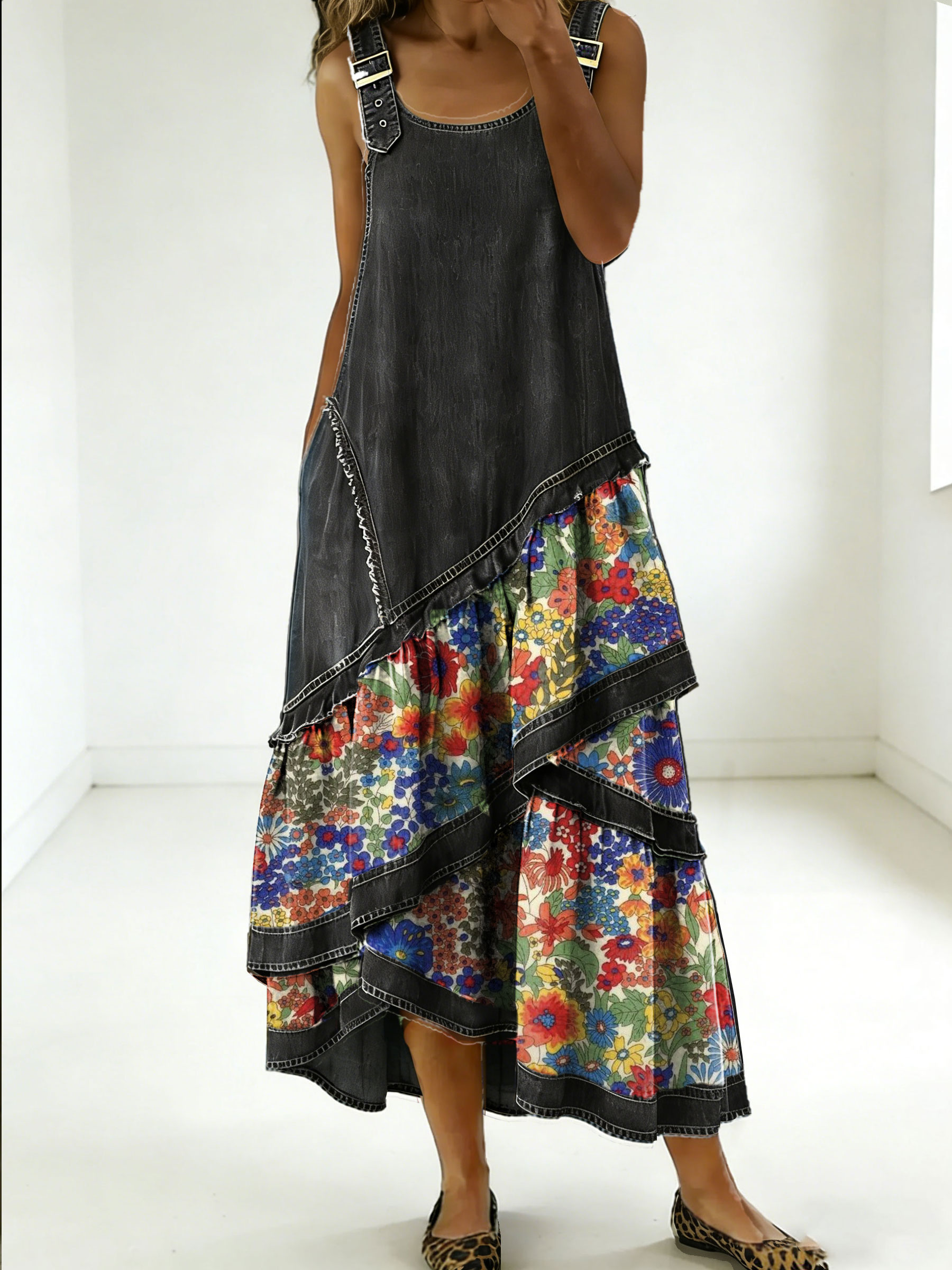 Women's Fashion Floral Denim Design Sleeveless Multi-layered Ruffled Strap Dress