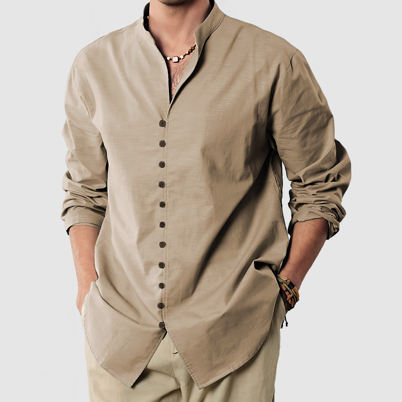 Gentleman's Standing Collar Button Down Cotton Linen Shirt-Comfort & Reliable