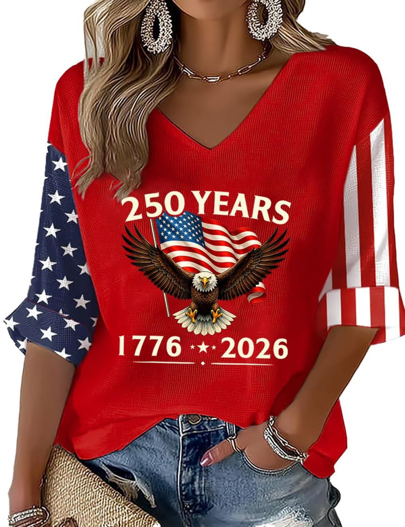Women's American 250th Anniversary Three-Quarter Sleeve V-Neck Top