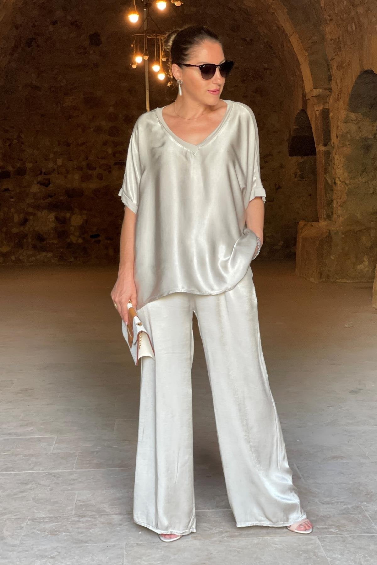 V-neck Satin Two-piece Suit(UK SIZE)-Comfort & Reliable
