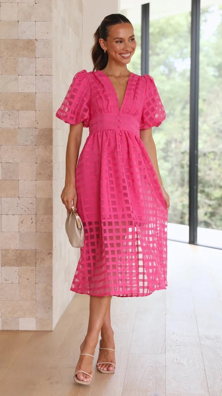 Beauty Square Patterned Fabric Puff Sleeve Midi Dress-Comfort & Reliable