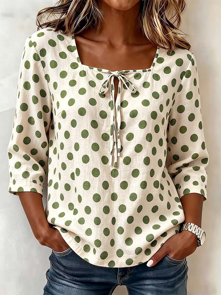 Women's Casual Loose Cotton-linen Top With Square Neck 3/4 Sleeves And Polka Dot Print