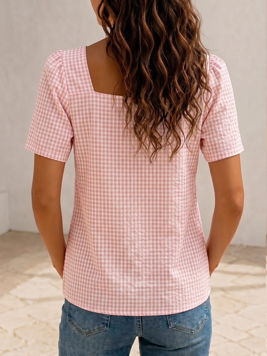 NEW ARRIVALS🔥  Women's Square Neck Gingham Bow Shirt - Puff Sleeve Casual Blouse