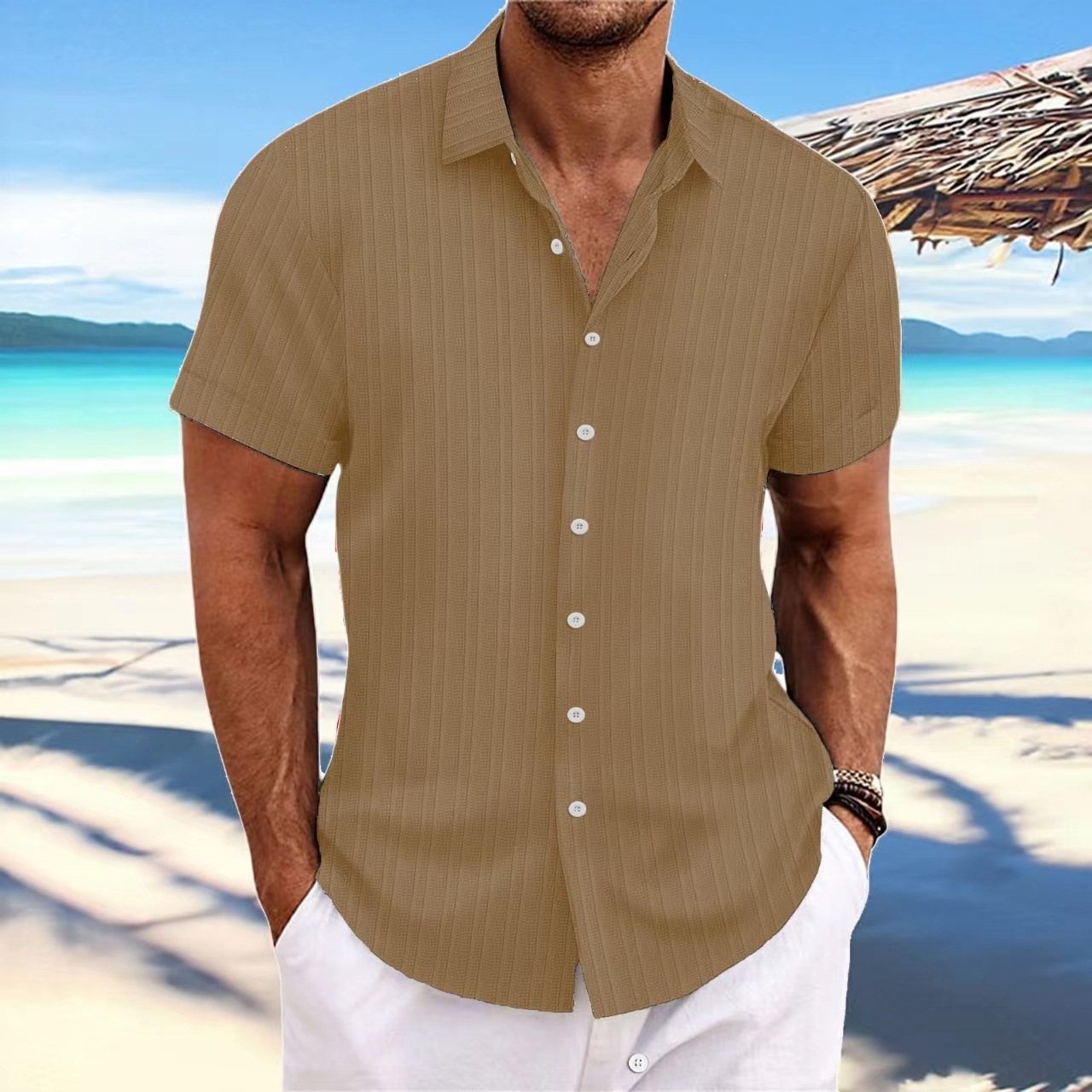 Men's cotton and linen striped jacquard casual loose short-sleeved shirt-Comfort & Reliable