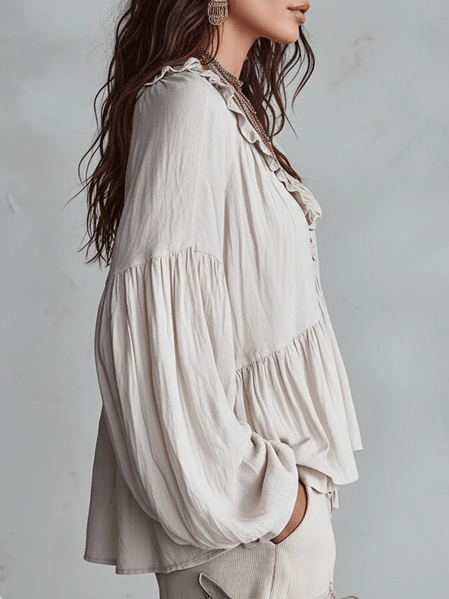 Women's Solid Color Retro Ruffled Casual Cotton Linen Shirt