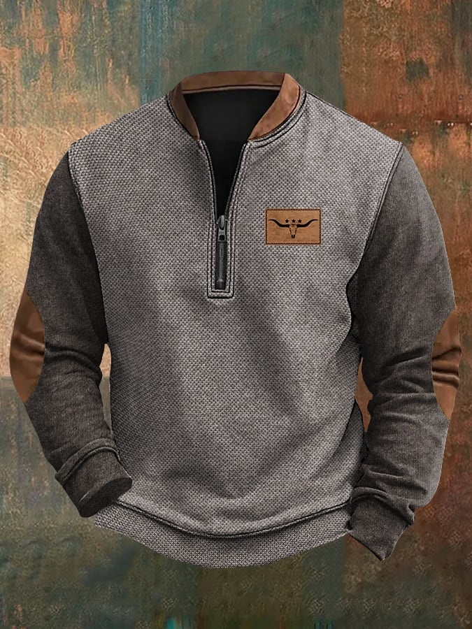 Men's Vintage Western Print Zipper Stand Collar Casual Sweatshirt-Comfort & Reliable