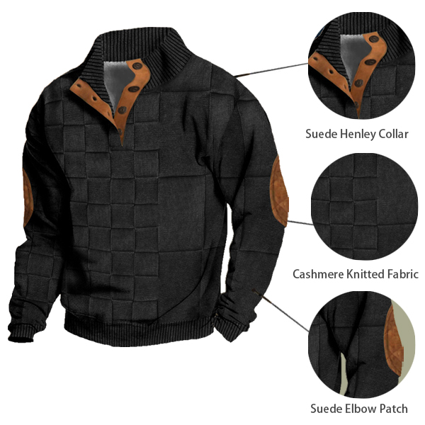 Men's Vintage Country Cashmere Knitted Elbow Patch Henley Stand Collar Sweatshirt-Comfort & Reliable