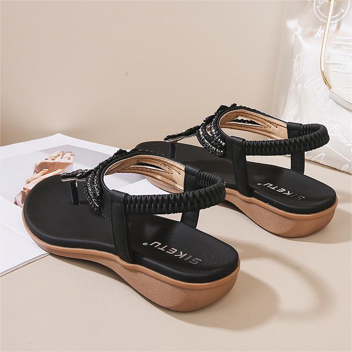 Women's Flat Sandals Ladies Thong Flat Sandals Bohemian Beaded Strap Sandals Diamante Rhinestone Leather Sandals-Comfort & Reliable