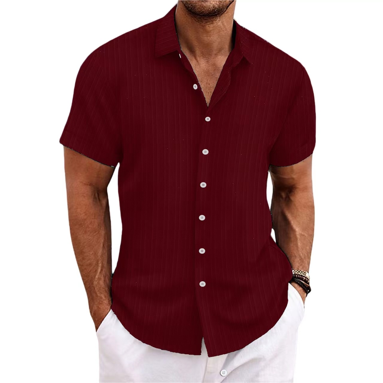 Men's cotton and linen striped jacquard casual loose short-sleeved shirt-Comfort & Reliable