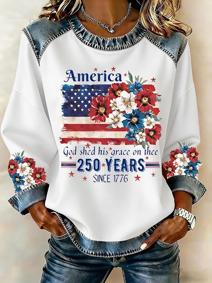 Women's 250th Anniversary National Flag Floral Print Waffle Sweatshirt-Comfort & Reliable