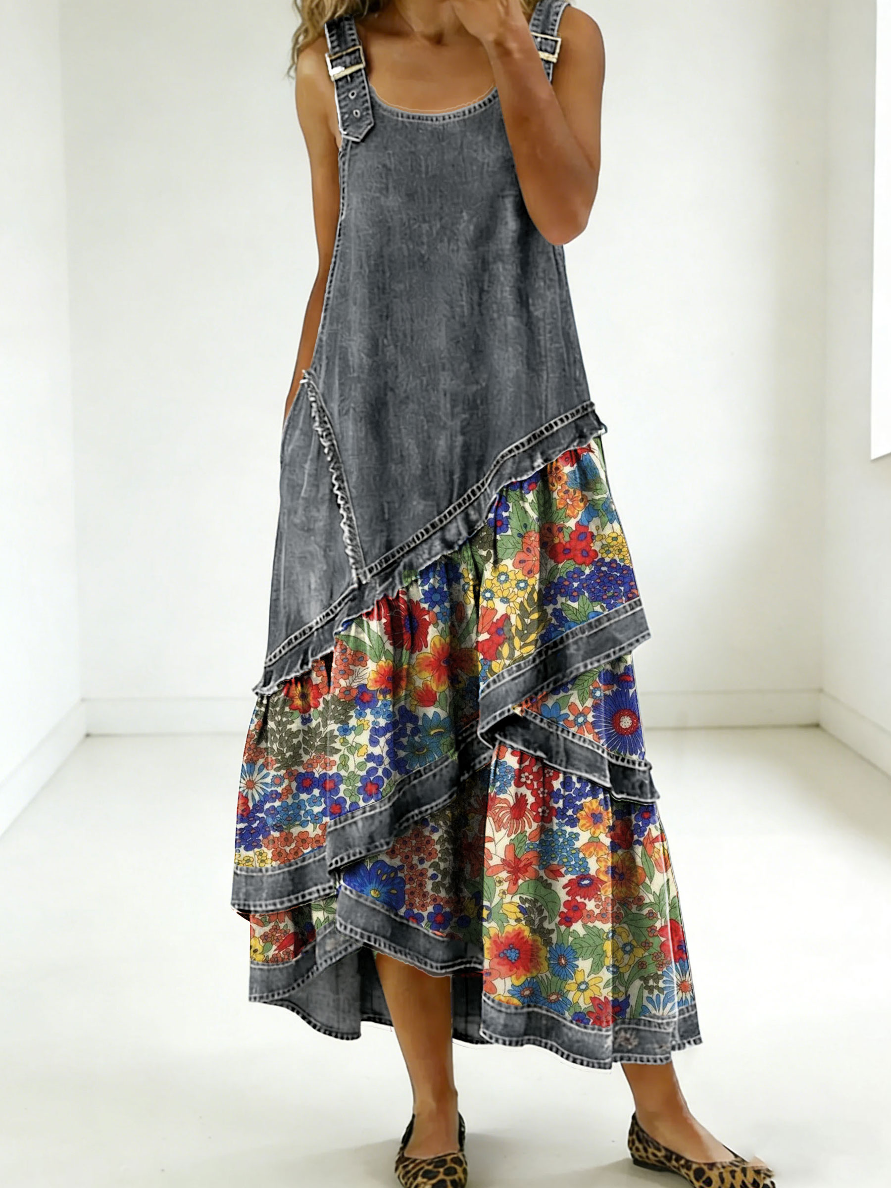 Women's Fashion Floral Denim Design Sleeveless Multi-layered Ruffled Strap Dress