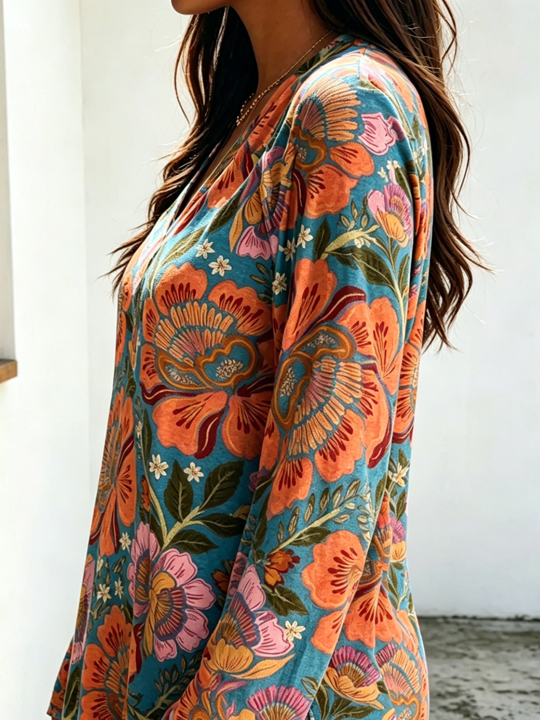 Women's Casual Vintage Floral Art Print V Neck Long Sleeve Tops