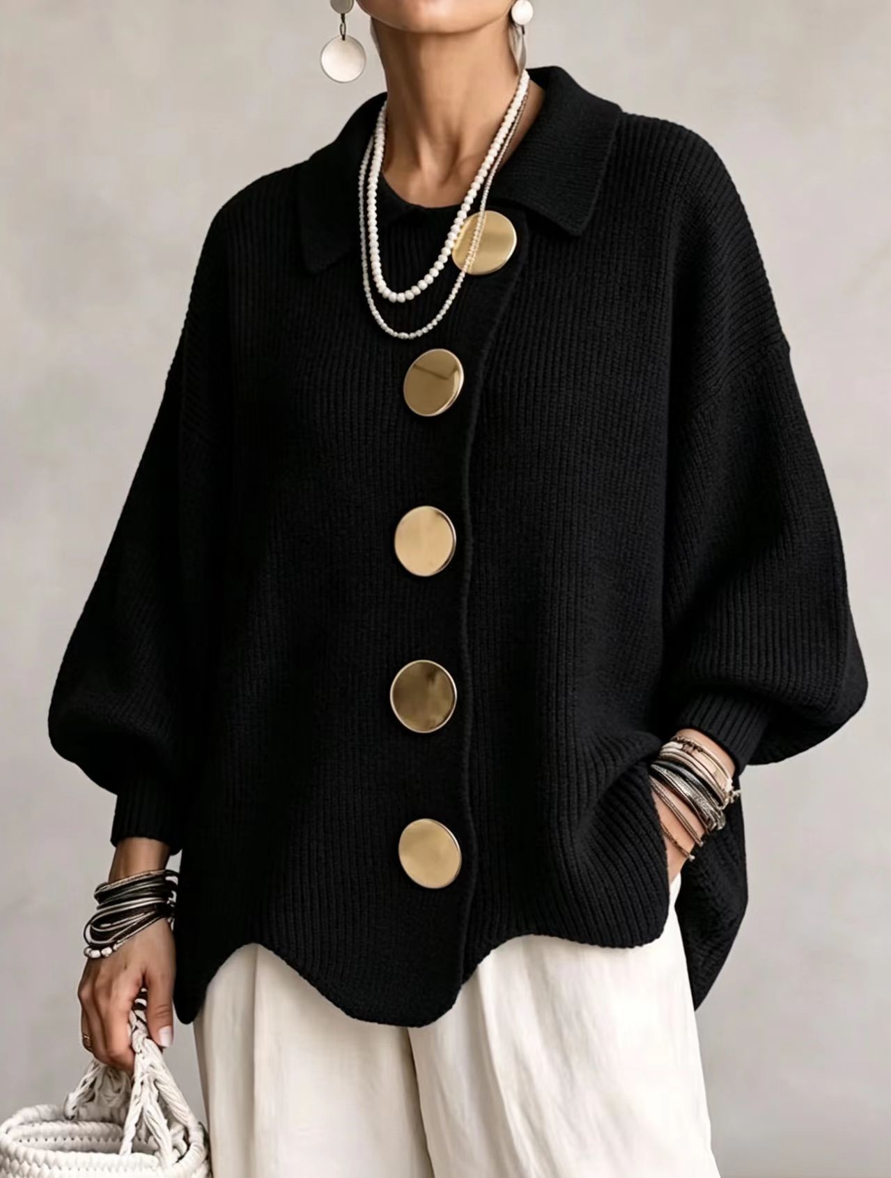 New Arrival🔥 Oversized Collared Knit Cardigan With Large Metal Buttons