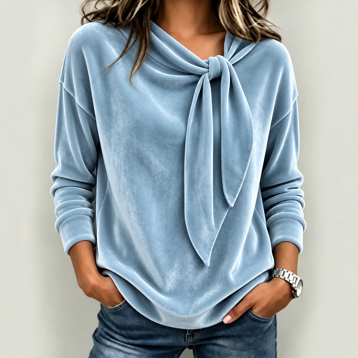 Women’s Elegant Tie-Neck Velvet Long Sleeve Blouse
