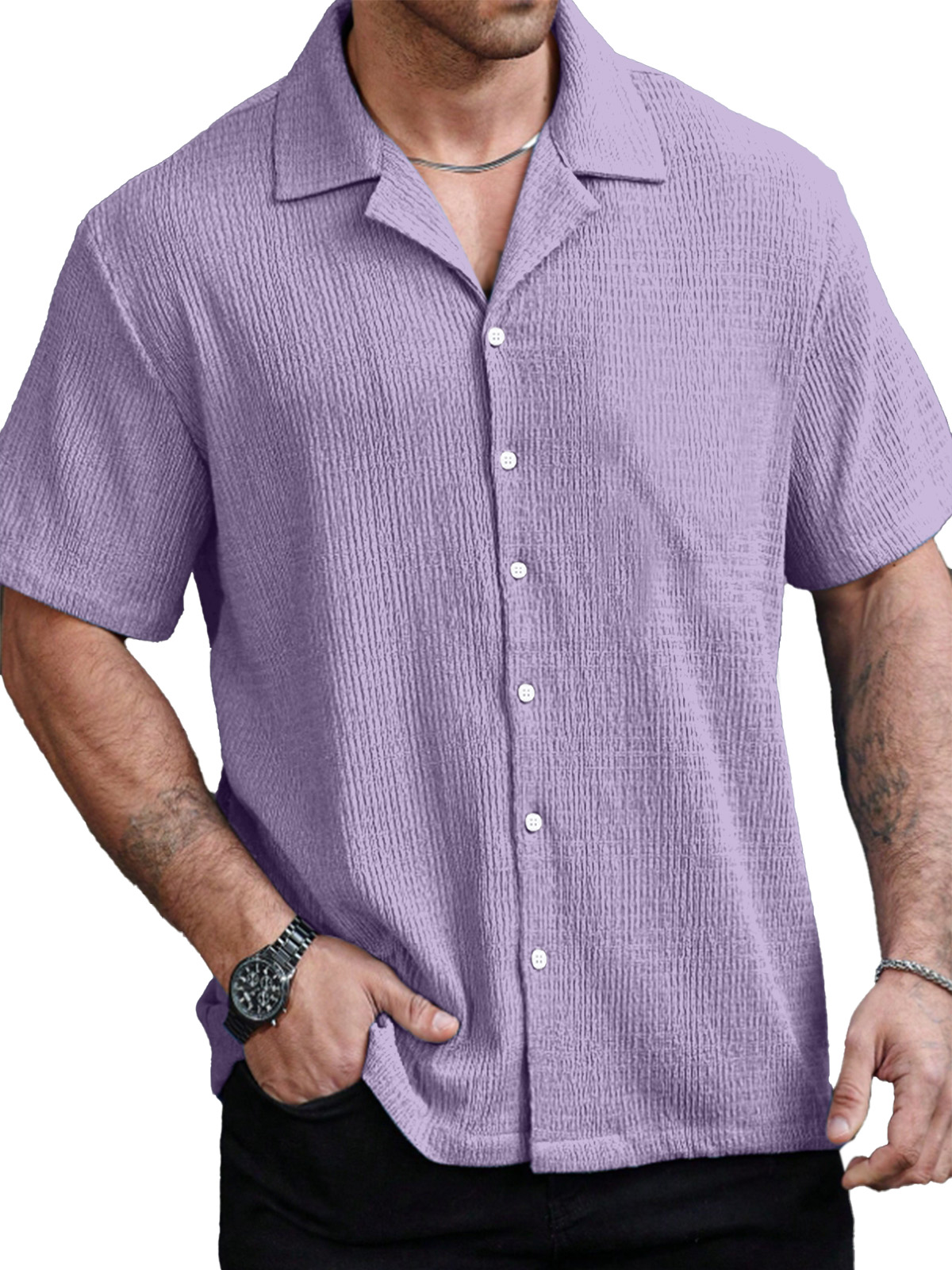 Men's Casual Solid Color Texture Cuban Collar Short Sleeve Shirt