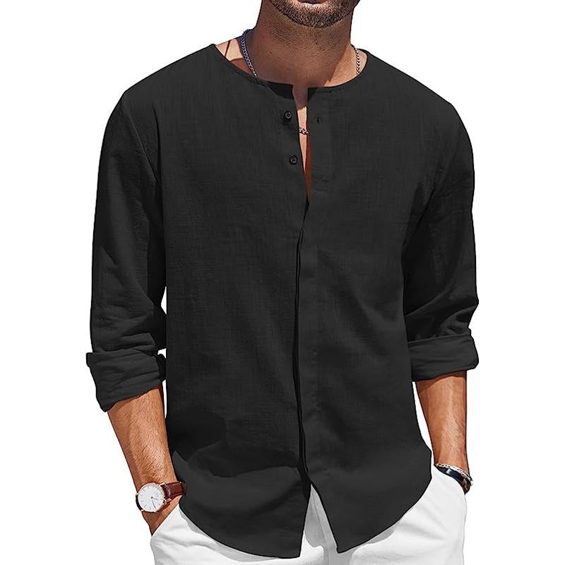 Men's Round Neck Premium Linen Breathable Comfortable Inner Button Long Sleeve Shirt-Comfort & Reliable