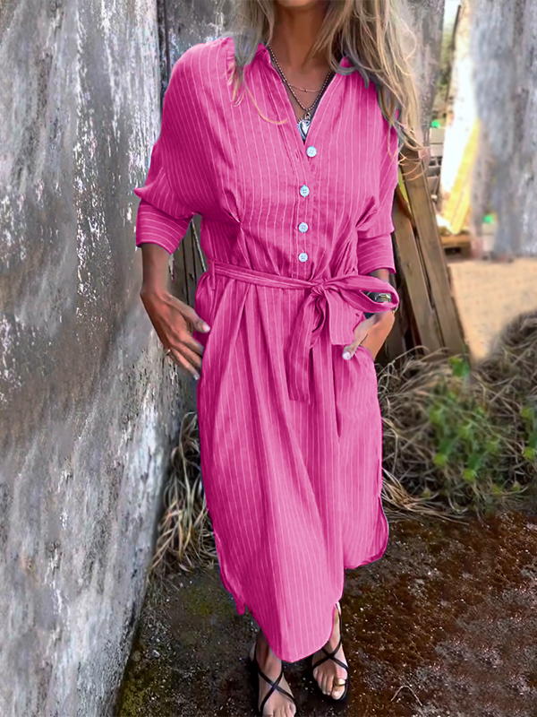 NEW🔥 Striped Lapel Button Down Belt Dress