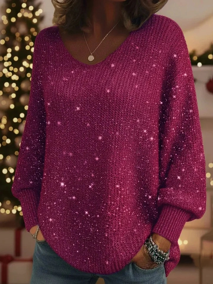 CLEARANCE SALE🔥 Christmas Sparkling Cozy V-neck Lantern Sleeve Knit Sweater