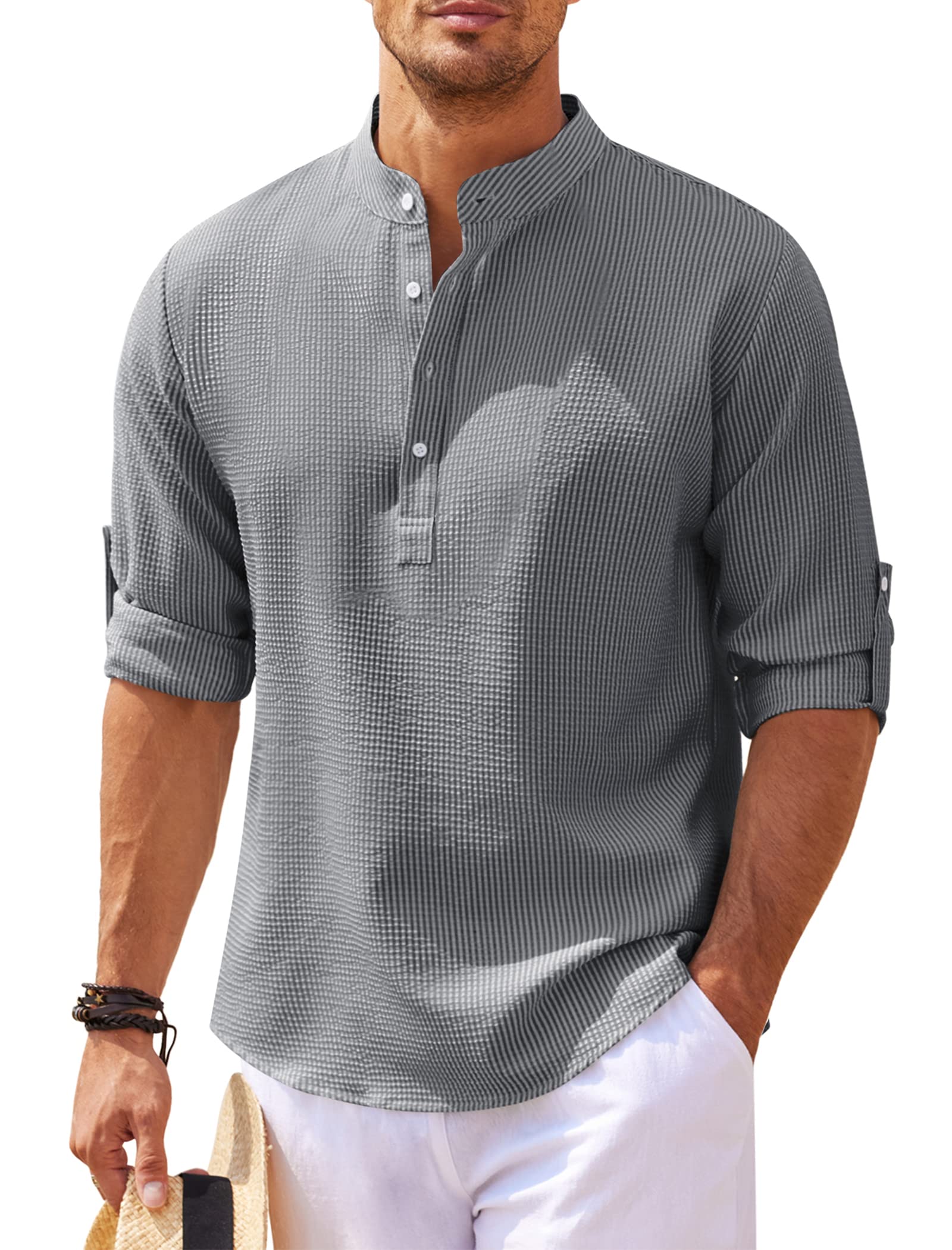 Men's Linen Henley Shirt Long Sleeve Casual Hippie Cotton Beach T Shirts Vertical Striped Hawaiian Shirts-Comfort & Reliable