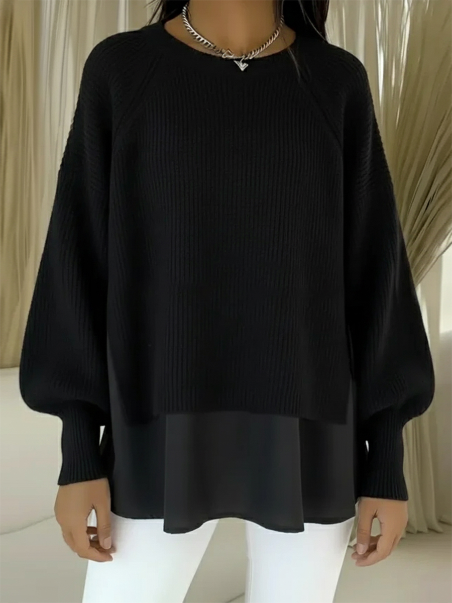 CLEARANCE SALE🔥 Women's Comfortable Patchwork Faux Two-piece Lantern Sleeve Sweater