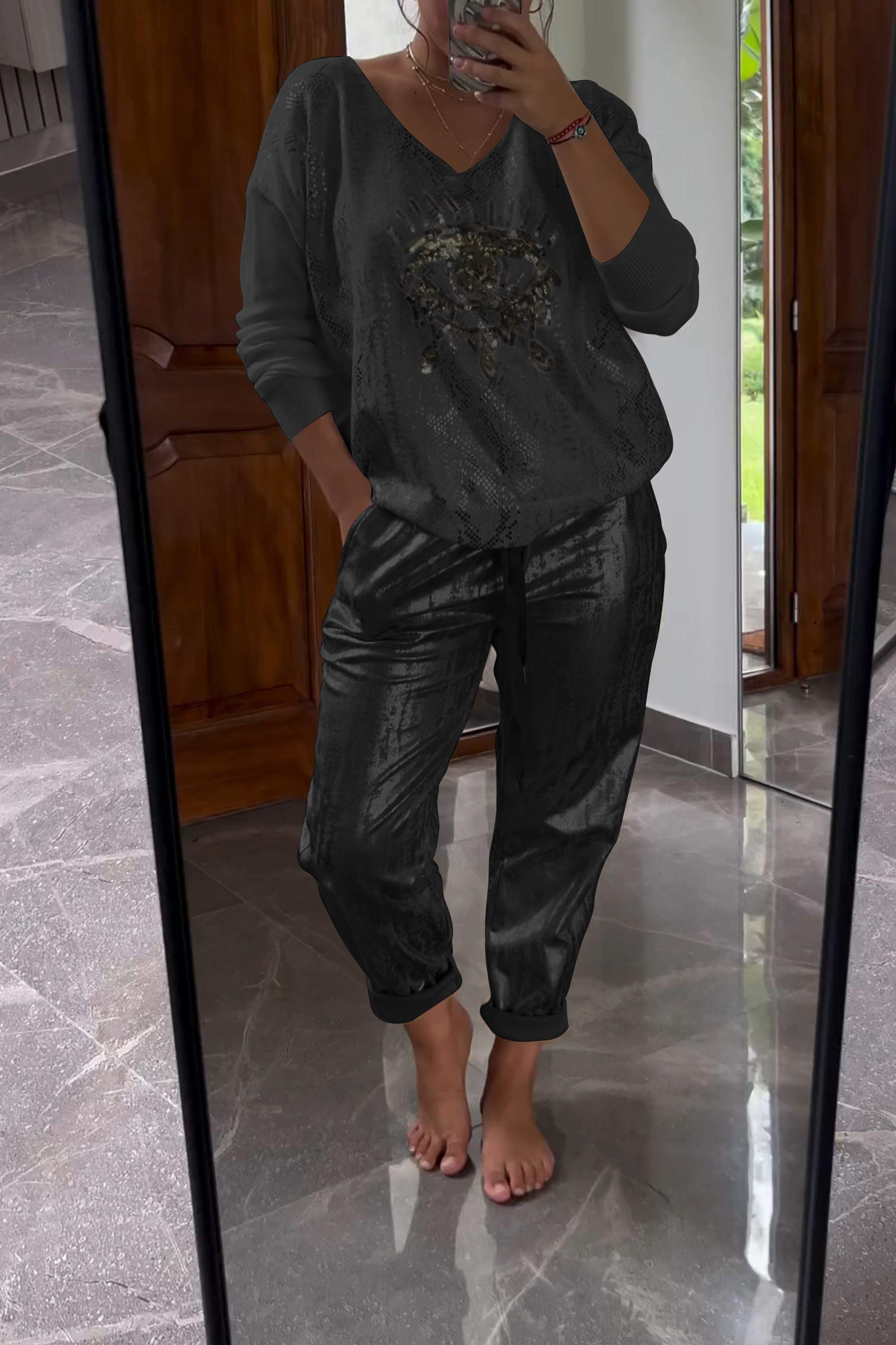 Fashionable Sequin Top And Bronzing Trousers Two-piece Set-Comfort & Reliable