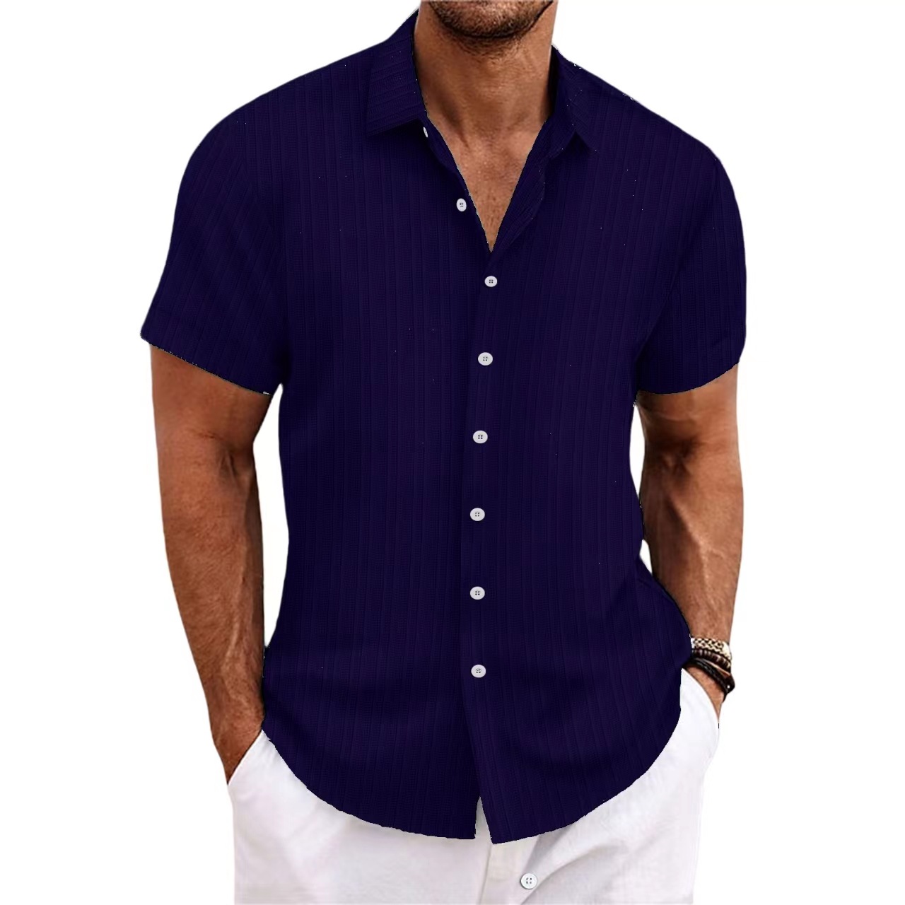 Men's cotton and linen striped jacquard casual loose short-sleeved shirt-Comfort & Reliable