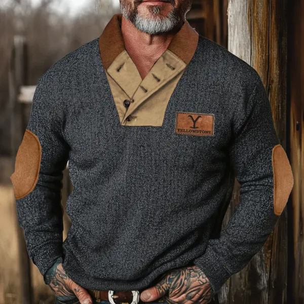 Yellowstone Men's Henley Elbow Patch Color Block Western Sweatshirt-Comfort & Reliable
