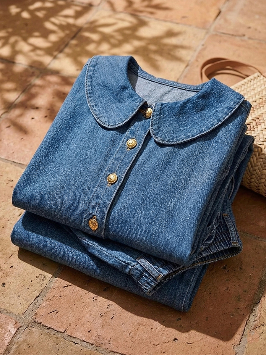 New Arrivals🔥 Stylish Peter Pan Collar Shirt and Wide-leg Pant Denim Two-piece Set