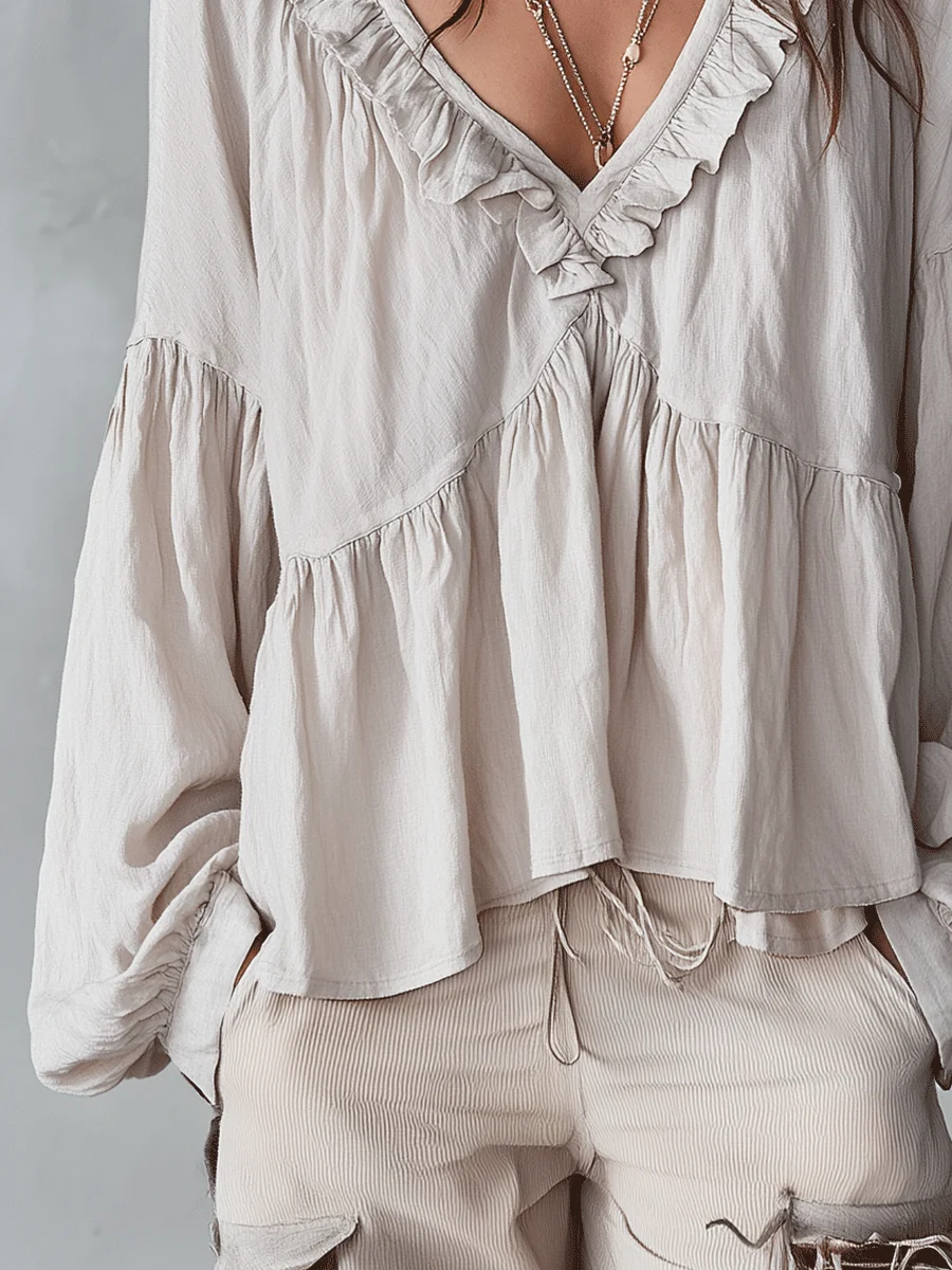Women's Solid Color Retro Ruffled Casual Cotton Linen Shirt