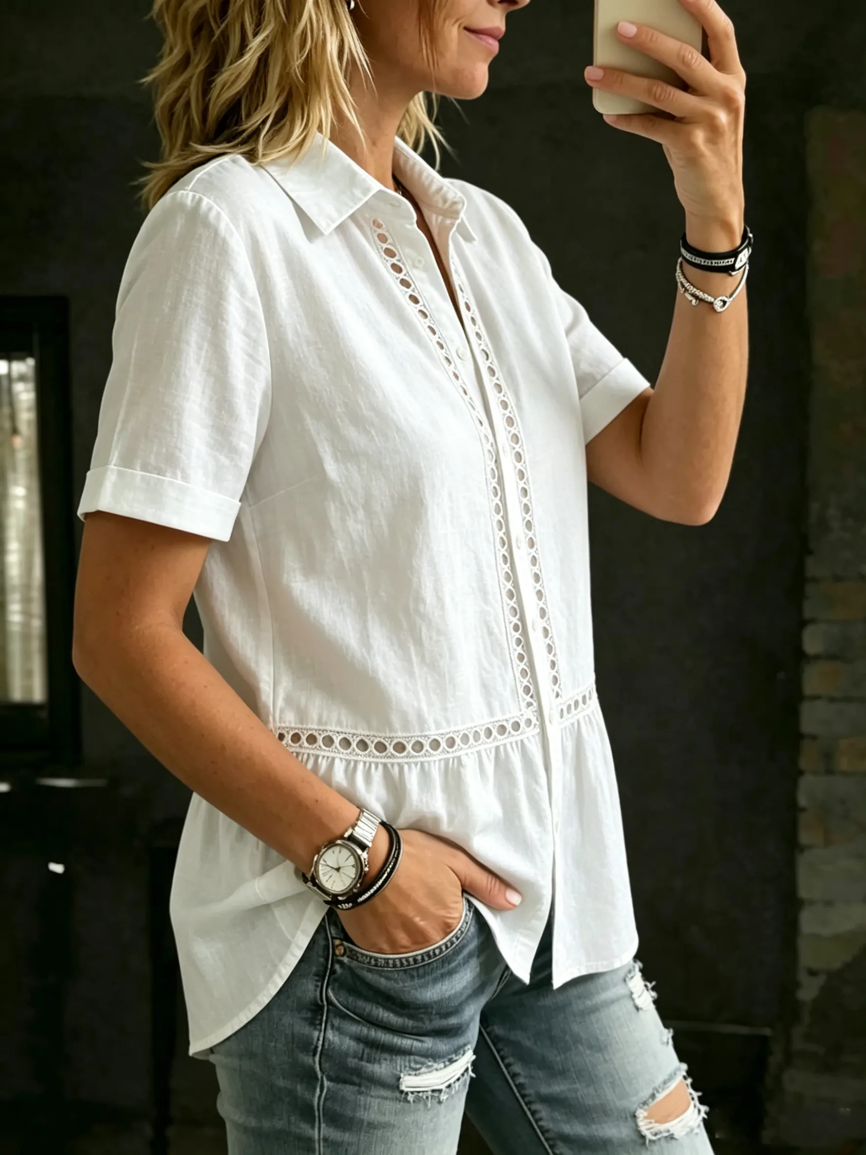 Women's Linen Blend Short Sleeve Top With Delicate Hollow-out Detail