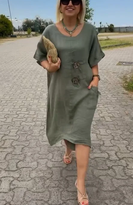 CLEARANCE🔥Linen dress with buttons and a round neckline