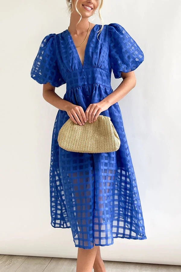 Beauty Square Patterned Fabric Puff Sleeve Midi Dress-Comfort & Reliable