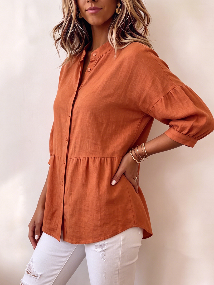 Casual Loose-fit Cotton-linen Blouse With Lantern Sleeves