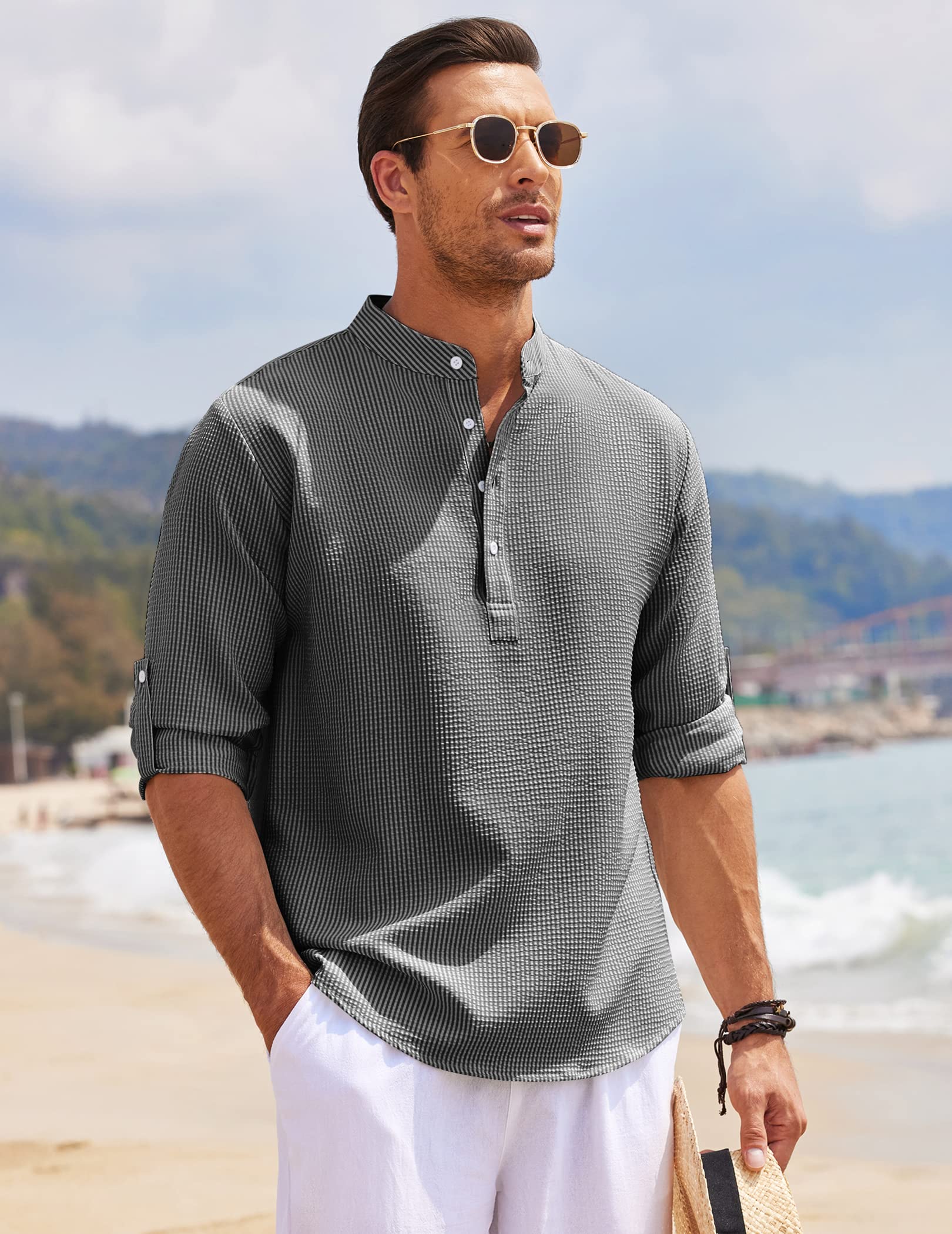 Men's Linen Henley Shirt Long Sleeve Casual Hippie Cotton Beach T Shirts Vertical Striped Hawaiian Shirts-Comfort & Reliable