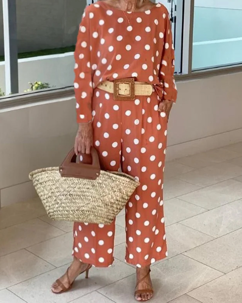 Polka dot long sleeve top wide leg pants set-Comfort & Reliable