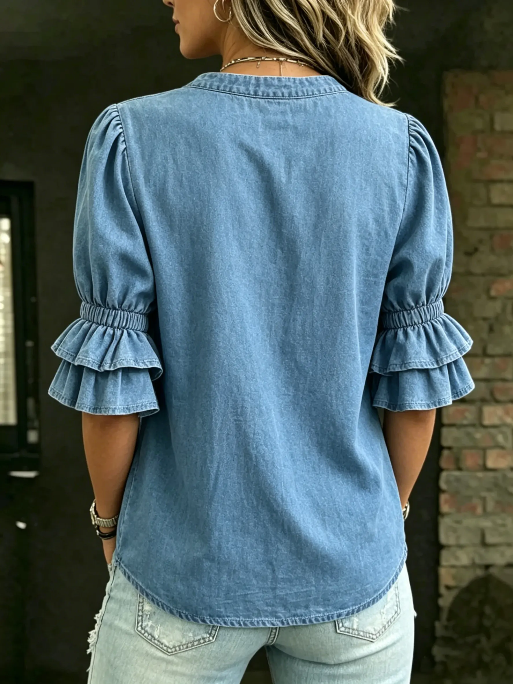 Women's V-neck Puff Sleeve Ruffle Denim Shirt