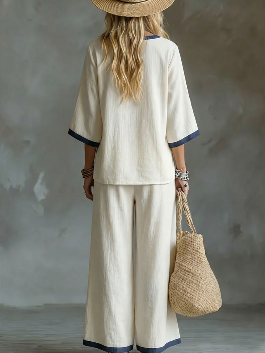 Women's Solid-color V-neck 1/2 Sleeve Cotton-linen Top And Pants Set